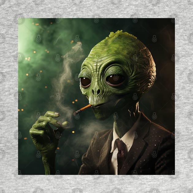 Green Alien Smoking a Cigar by Maverick Media
